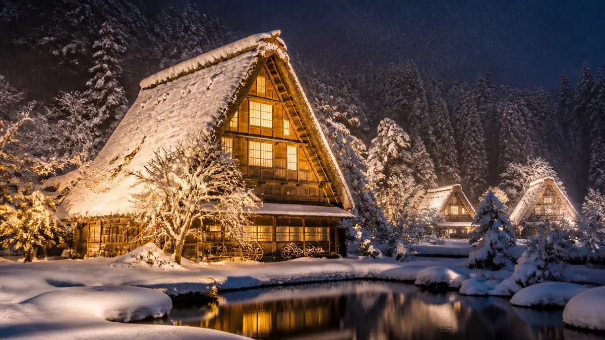 合掌造りに雪が積もる幻想的な夜|飛騨の里ライトアップの解説画像