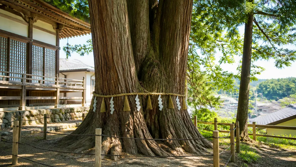 福島正則陣跡はどんな場所？｜住宅街の神社に立つ樹齢800年の大杉の解説画像